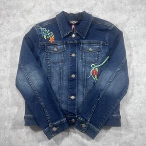 Vintage Harley Davidson Embroidered Floral Denim Jacket Size Womens Large